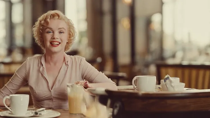 still from dramatic movie scene of young 25 year old adult woman, [marilyn monroe], sitting in a coffee shop, playfully smiling, ((detailed face)), beautiful eyes, (colorized), film grain, 8k ultra hd, widescreen, cinematic, hdr, dramatic lighting, blockbuster hit, one person, (close-up shot)