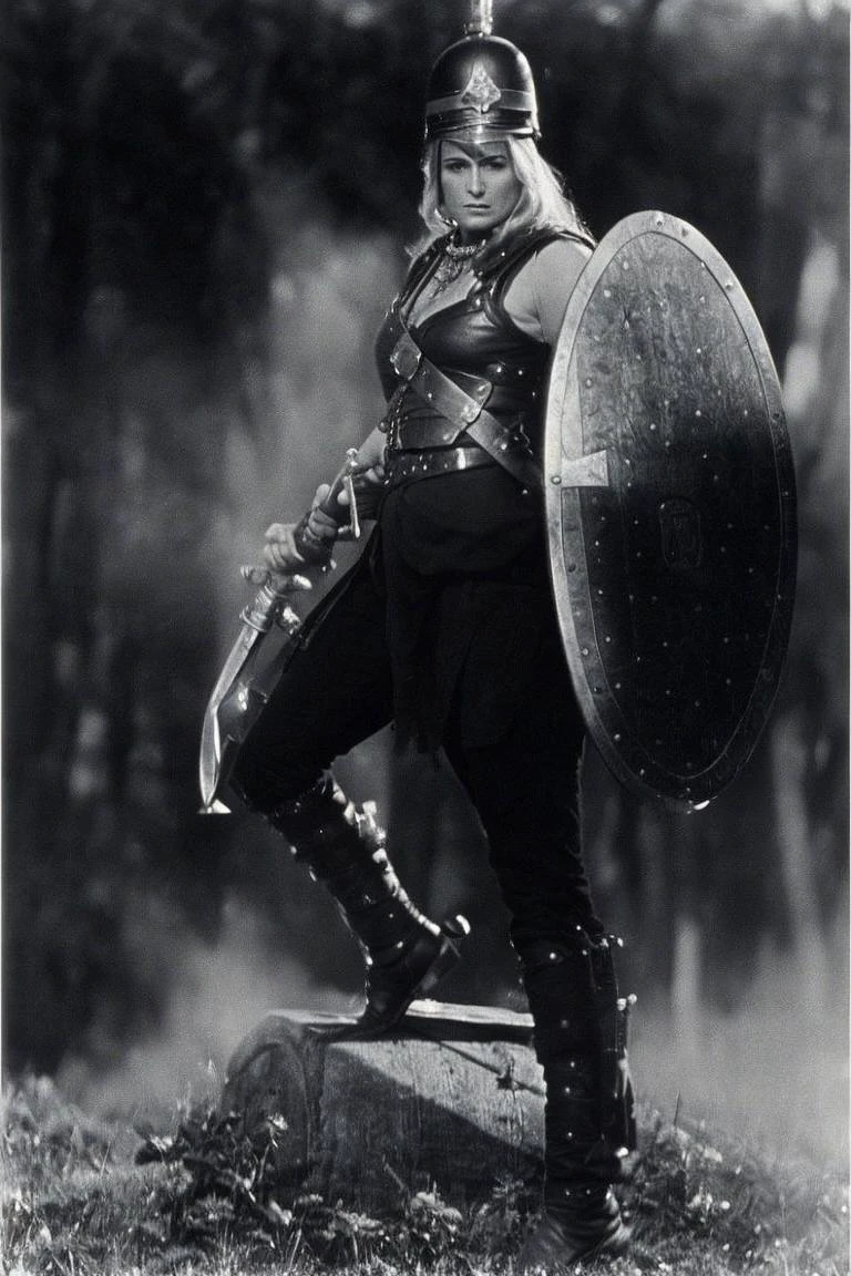 Sks woman with sword and shield,1970s sword-and-sorcery movie still,<lora:locon_salma_v1_from_v1_64_32:1>,35mmstyle,forest background