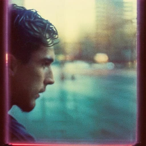 35mmstyle:2, through window, skater portrait:2 city lights, depth of field, 90's found footage, vhs scanlines, detailed skin, skin pores, city lights, rainy:0.4, soft lighting,