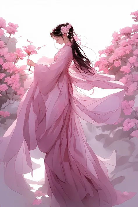 A woman , black hair ,white dress, standing, with pink flowers in her hair, standing sideways, half-length, close-up, <lora:guofeng02meizia:0.8>