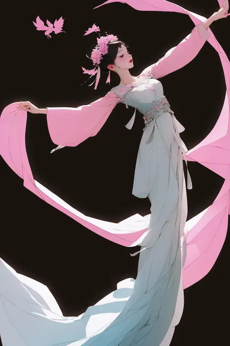 A girl, dressed in pink, dancing, hair, skirt, fluttering in a float. <lora:guofeng02meizia:0.8>