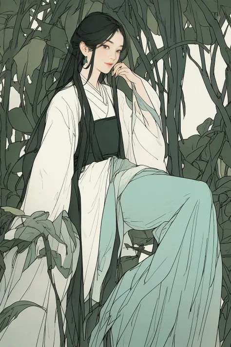 a woman sitting on a tree branch,white light green dress,black hair,full body,One arm raised, <lora:guofeng02meizia:0.8>