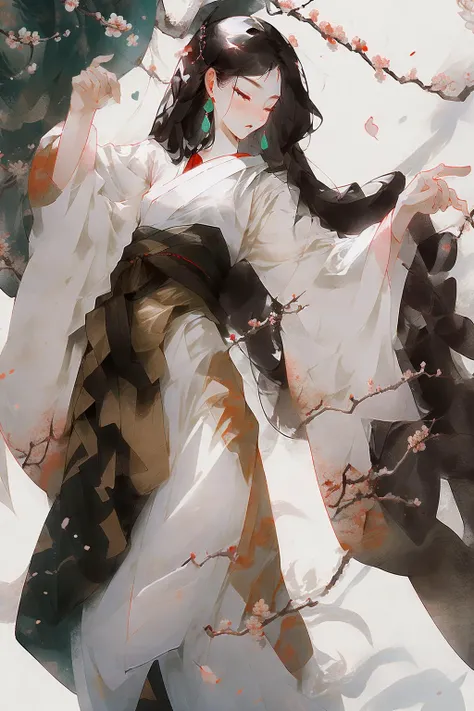 a girl ,white | pink dress ,dancing, Plum Blossom ,sunlight,white background, <lora:guofengmeizia:0.86>