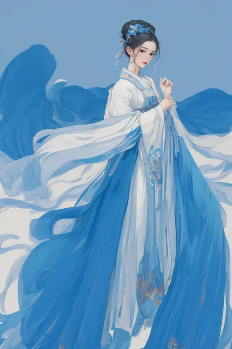 A girl, front, white | light blue dress, front, standing, facing, full body, standing straight ahead, white background, full body, <lora:guofeng02meizia:0.8>