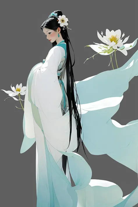a girl ,full body ,white | bule dress ,standing, flower <lora:guofengmeizia:0.85>