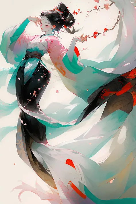 a girl(full body) ,white | pink dress ,dancing, Plum Blossom ,sunlight,white background, <lora:guofengmeizia:0.66>