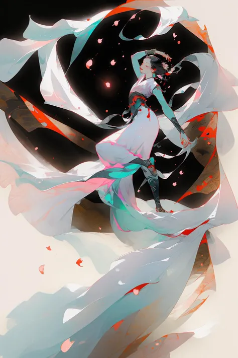 a girl(full body) ,white | pink dress ,dancing, Plum Blossom ,sunlight,white background, <lora:guofengmeizia:0.66>