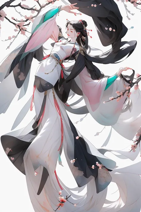 a girl(full body) ,white | pink dress ,dancing, Plum Blossom ,sunlight,white background, <lora:guofengmeizia:0.8>