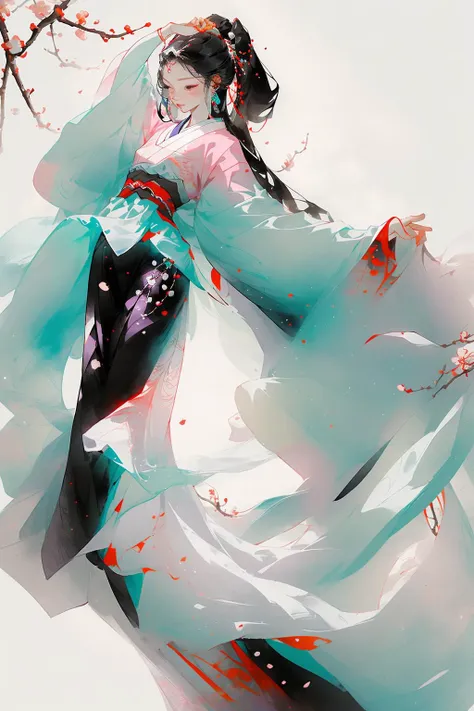 a girl(full body) ,white | pink dress ,dancing, Plum Blossom ,sunlight,white background, <lora:guofengmeizia:0.66>
