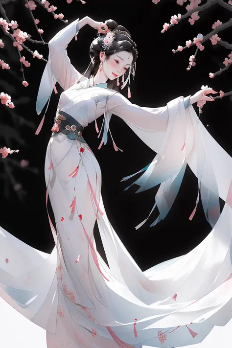 a girl(full body) ,white | pink dress ,dancing, Plum Blossom ,sunlight,white background, <lora:guofengmeizia:0.8>