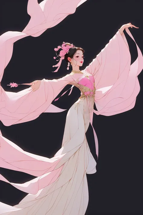 A girl, dressed in pink, dancing, hair, skirt, fluttering in a float. <lora:guofeng02meizia:0.8>