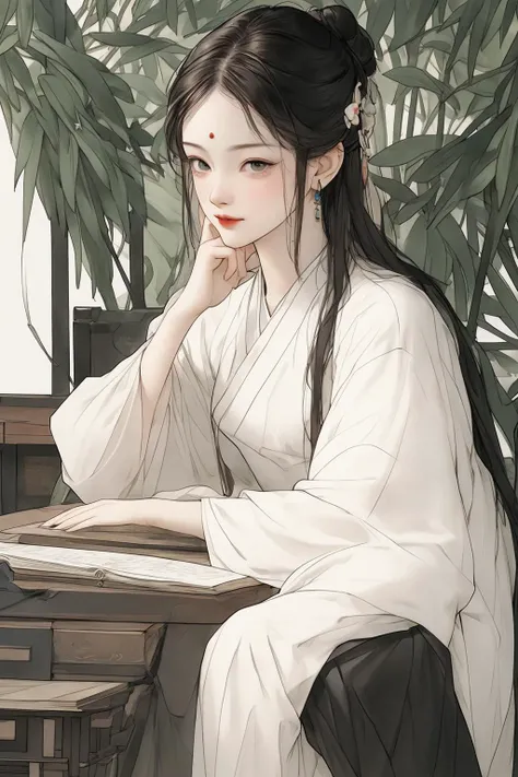 A girl, dressed in white, sitting, facing, full length, in front, font<lora:guofeng02meizia:0.8>