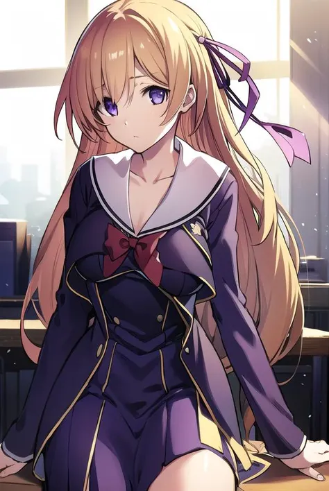 nonokurusu, <lyco:nonokurusu-LYCORIStest:1>,
nono kurusu, long hair, blonde hair, (purple eyes:1.5), hair ribbon,
BREAK dress, ribbon, school uniform,
BREAK looking at viewer, hands behind head,
BREAK indoors, classroom,
BREAK <lora:GoodHands-vanilla:1>, (masterpiece:1.2), best quality, high resolution, unity 8k wallpaper, (illustration:0.8), (beautiful detailed eyes:1.6), extremely detailed face, perfect lighting, extremely detailed CG, (perfect hands, perfect anatomy),