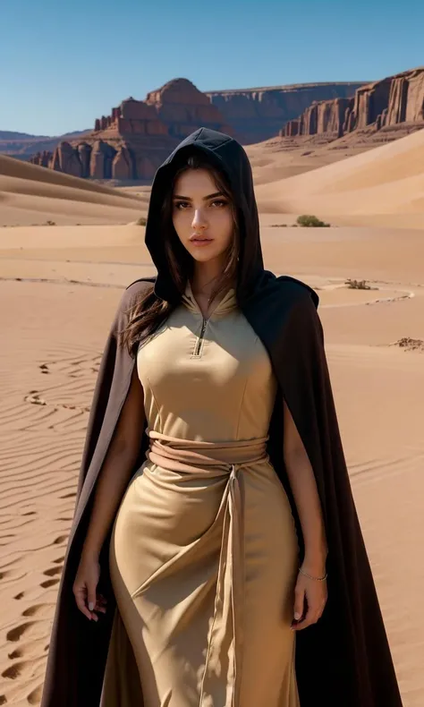 Foto hiperrealista en primer plano de Kate Beckinsale, Create dystopian masterpieces. in a full cover bedouin bedouin costume (navy long tunic) on the desert, beautiful woman, skinny, small breasts, straight brown hair, detailed face, smile, photo taken from a distance, age 20 tears old