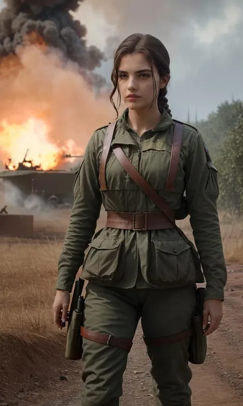 AlexandraBotez2023, 1girl, best quality, masterpiece, 8k, uhd, standing in ww1 battlefield,, cinematic lighting