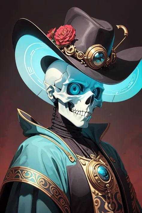 A painting of a skull with a hat, in the style of sci-fi baroque, light turquoise and red, fantastical contraptions, andrzej sykut, fantastic grotesque, prismatic portraits, giotto, <lora:SDXLrender_v2.0:1>