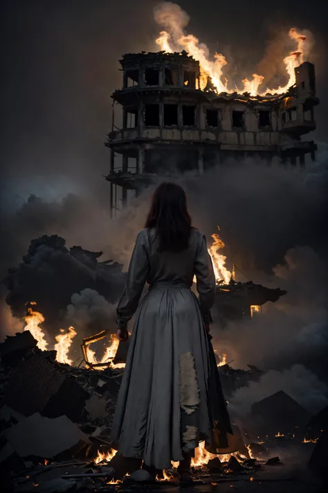 cinematic style,photorealistic,dark theme,heavy fog,(Depth of field:1.2),
1girl,dynamic pose,Kneeling,surrounded by flames,from behind,stain,looking up,screaming,crying_with_eyes_open,crying,tears,wearing a grey long dress,(torn clothes:1.2),
white thick smoke in the background,in the burning castle,ruins,sunset,<lora:Oppenheimer:0.6:lbw=MIDD>,<lora:SDXLrender_v1.0:1>,