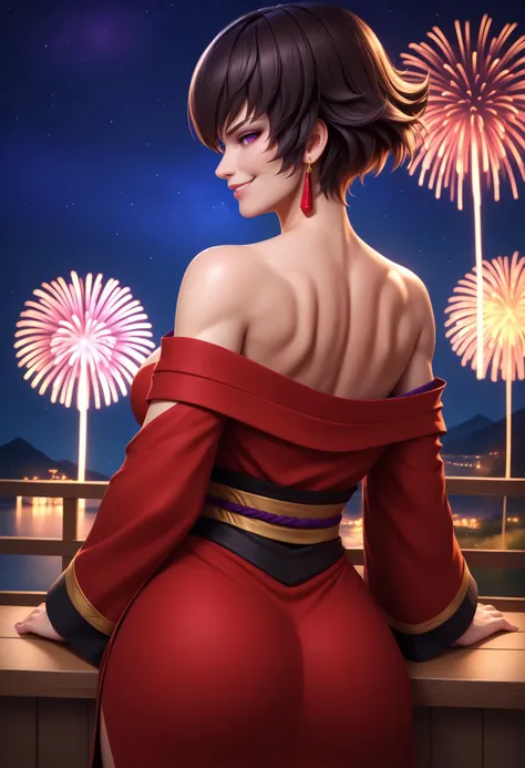 score_9, score_8_up, score_7_up, BREAK 1girl, solo, FioRayne, purple eyes, black hair, short hair, dangle earrings, <lora:FioraynePDXL_V1-Manityro-CAME:1.0>, outdoors, night, fireworks, starry sky, looking at viewer, smirk, bedroom eyes, toned, red kimono, from behind, off shoulder,