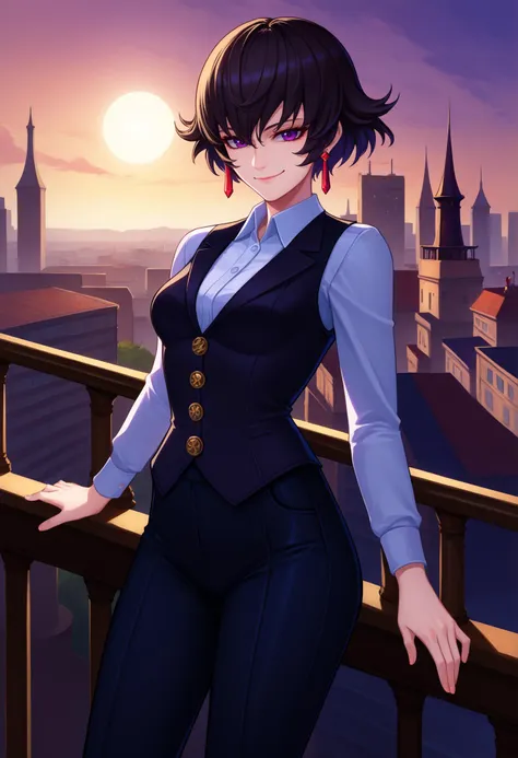 score_9, score_8_up, score_7_up, BREAK 1girl, solo, FioRayne, purple eyes, black hair, short hair, dangle earrings, medium breasts, <lora:FioraynePDXL_V1-Manityro-CAME:1.0>, outdoors, steampunk city, day, sun, looking at viewer, smirk, white collared shirt, black vest, business pants, suit pants, against railing,