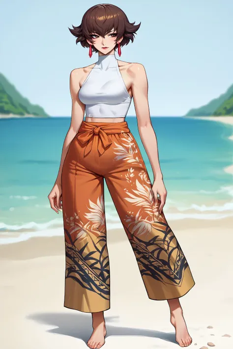 score_9, score_8_up, score_7_up, score_6_up, score_5_up, score_4_up, BREAK ,cowboy shot,1girl,solo,source_anime,
<lora:FioraynePDXL_V1-Manityro-CAME:0.8> fiorayne, short hair, dangle earrings, brown hair,
<lora:edgPalazzoPony:0.8> edgpalazzo_pants, wearing edgpalazzo_pants, stylish print,beach,barefoot