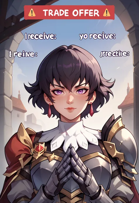 score_9, score_8_up, score_7_up, score_6_up BREAK  TradeOfferMeme, own hands together, upper body,FioRayne, purple eyes, black hair, short hair,dangling earrings,ArmFio, red cape, military uniform, grey armor, shoulder armor, breastplate, armored gloves  <lora:FioraynePDXL_V1-Manityro-adamw:0.8>  <lora:TradeOfferMeme_XLPD:1>