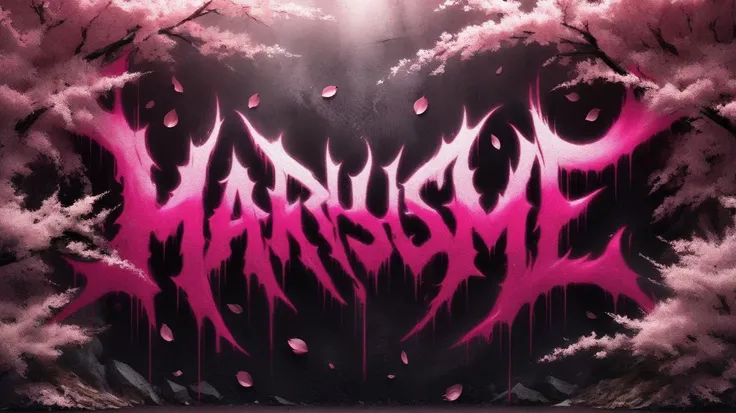 ((logo of the english text Marusame)),red,black,splattered,pink,cherry blossoms,neon style,<lora:Harrlogos:1>,metal,dripping,highres,absurdres,incredibly absurdres,huge filesize,wallpaper,