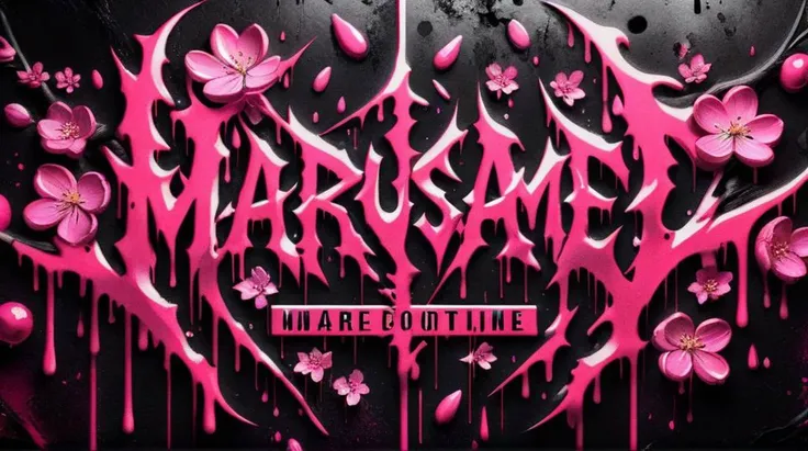 ((logo of the english text Marusame)),red,black,splattered,pink,cherry blossoms,neon style,<lora:Harrlogos:1>,metal,dripping,