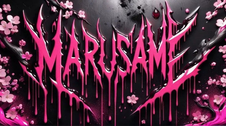((logo of the english text Marusame)),red,black,splattered,pink,cherry blossoms,neon style,<lora:Harrlogos:1>,metal,dripping,