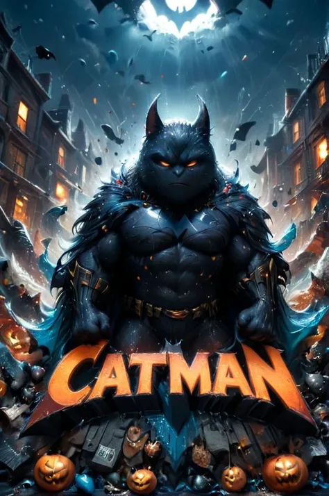 (("CATMAN" (text logo:1.9) <lora:Harrlogos_v2.0:1.9>, (full body), (((fatty black furry cats))), (Batman splash screen, furry black fat cat in costume without mask, with fat cat head)), black and orange and blue colors predominate, hyper-detailing, hyper-realism, sharp shot, cinematic, action-packed background, <lora:xl_more_art-full_v1:1>), ((furry, cat face, cat eyes))
