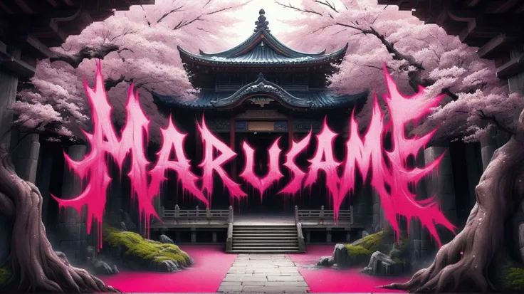 ((logo of the english text Marusame)),splattered,pink,cherry blossoms,neon style,<lora:Harrlogos:1>,dripping,highres,absurdres,incredibly absurdres,huge filesize,wallpaper,east asian architecture,