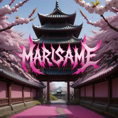 ((logo of the english text Marusame)),splattered,pink,cherry blossoms,<lora:Harrlogos:1>,highres,absurdres,incredibly absurdres,huge filesize,wallpaper,east asian architecture,fantasy,outside_border,