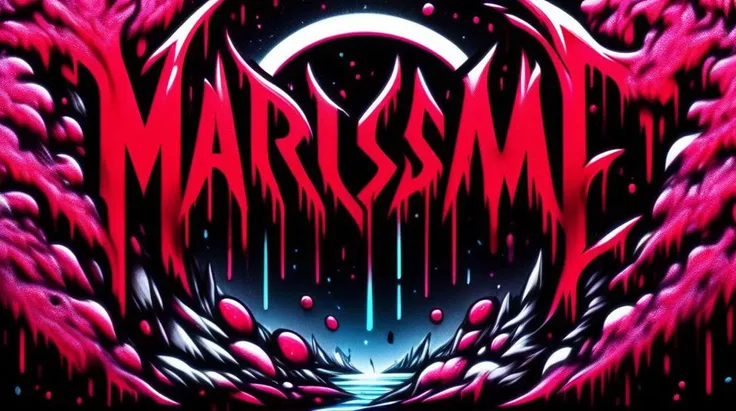 ((logo of the english text Marusame)),red,black,splattered,pink,cherry blossoms,neon style,<lora:Harrlogos:1>,white,metal,dripping,splattered,ice,frozen,moon,