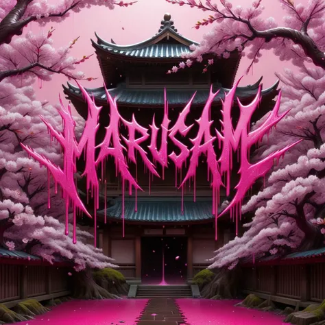 ((logo of the english text Marusame)),splattered,pink,cherry blossoms,neon style,<lora:Harrlogos:1>,dripping,highres,absurdres,incredibly absurdres,huge filesize,wallpaper,east asian architecture,