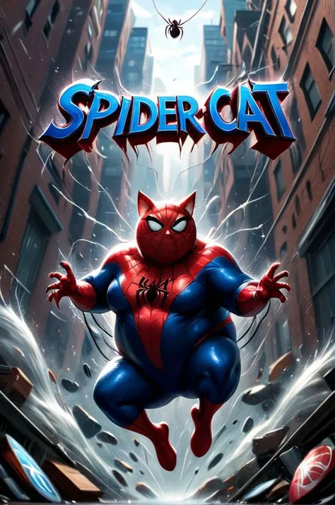 (("SPIDER CAT" (text logo:1.9))) <lora:Harrlogos_v2.0:1.9>, (full body), (((fat cats))), (splash screen for the "Spiderman" fat cat in spiderman costume), (((with fat cat head))), blue and red-blue colors predominate, hyper-detailing, hyper-realism, sharp shot, cinematic, action-packed background