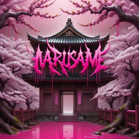 ((logo of the english text Marusame)),splattered,pink,cherry blossoms,neon style,<lora:Harrlogos:1>,dripping,highres,absurdres,incredibly absurdres,huge filesize,wallpaper,east asian architecture,fantasy,border,