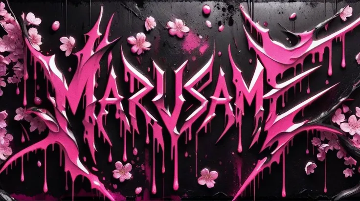 ((logo of the english text Marusame)),red,black,splattered,pink,cherry blossoms,neon style,<lora:Harrlogos:1>,metal,dripping,