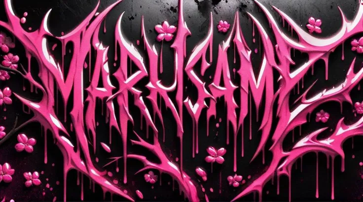 ((logo of the english text Marusame)),red,black,splattered,pink,cherry blossoms,neon style,<lora:Harrlogos:1>,metal,dripping,
