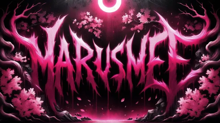 ((logo of the english text Marusame)),red,black,splattered,pink,cherry blossoms,neon style,<lora:Harrlogos:1>,metal,dripping,highres,absurdres,incredibly absurdres,huge filesize,wallpaper,