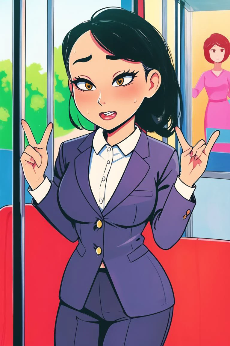 woman, heart shaped pupil,prettify,office worker,bus,standing,suit,hands up,hot,sweat,indoors,inside bus ,(masterpiece:1.4) <lora:simple:0.6>