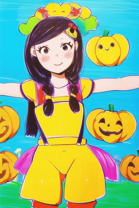 girl,hotify,suspenders,farm,countryside,crops,pumpkins,scarecrow ,(masterpiece:1.4) <lora:simple:1.0>