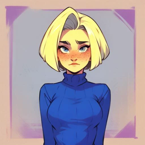 tapestry style, illustration of a beautiful woman, Bob , Platinum blonde hair colour, freckles, 27 years old, Beam , looking at the viewer, wearing a Gray Sweater , medium breasts, tight body, Bust framing, <lora:CuteWebComic:1>,