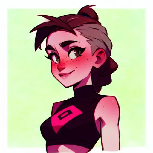 surrealism style, Swedish woman, beautiful woman, French braid hair style, Brown hair colour, freckles, 27 years old, Gleeful , looking at the viewer, wearing a Silver Crop top , medium breasts, tight body, Minimalist framing, <lora:CuteWebComic:1>,