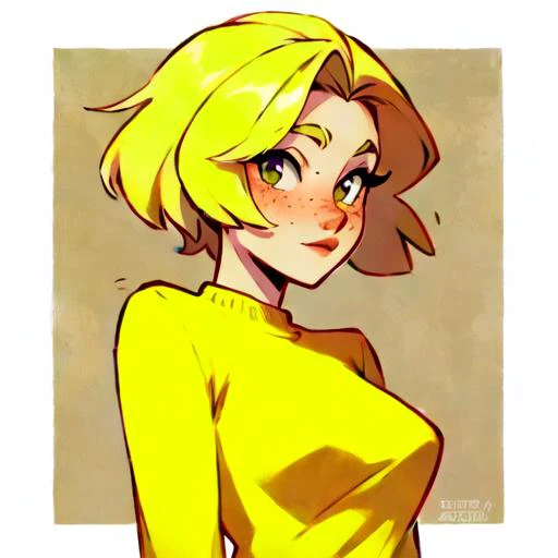 live art style, illustration of a beautiful woman, French twist , Blonde hair colour, freckles, 27 years old, Buoyant, looking at the viewer, wearing a Yellow Sweater , medium breasts, tight body, Minimalist framing, <lora:CuteWebComic:1>,