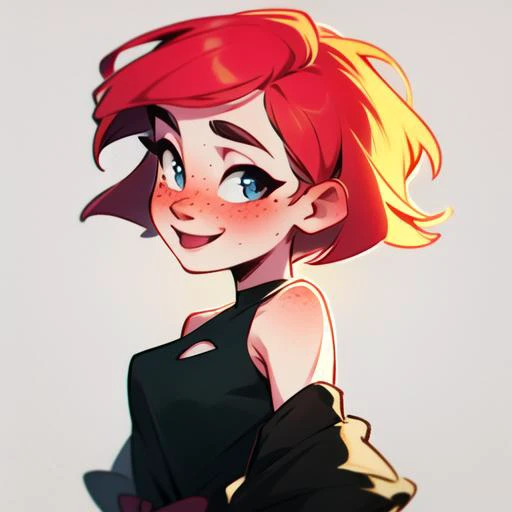 found object art style, beautiful woman, Pixie cut hair style, Ginger hair colour, freckles, 27 years old, Jovial , looking at the viewer, wearing a Black Dress , medium breasts, tight body, Over-the-shoulder framing, <lora:CuteWebComic:1>,