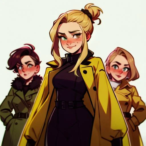 graffiti style, Dutch woman, beautiful woman, Top knot hair style, Blonde hair colour, freckles, 27 years old, Blissful , looking at the viewer, wearing a Yellow Trench coat medium breasts, tight body, Group shot framing, <lora:CuteWebComic:1>,