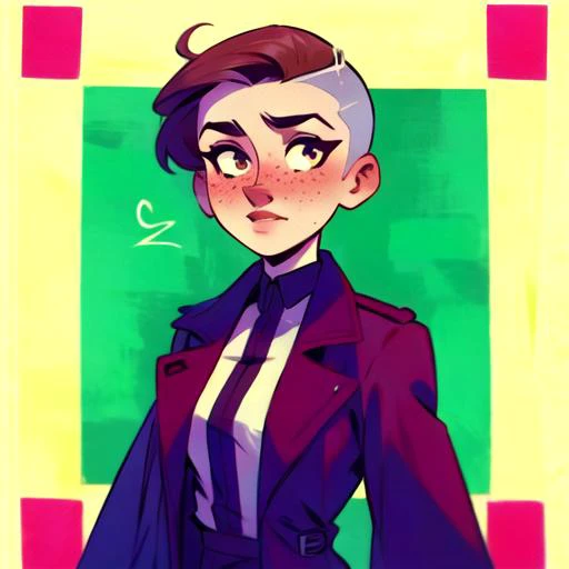 expressionism style, Greek woman, beautiful woman, Buzz cut hair style, Caramel hair colour, freckles, 27 years old, Ecstatic , looking at the viewer, wearing a Maroon Trench coat , medium breasts, tight body, Frame within a frame framing, <lora:CuteWebComic:1>,