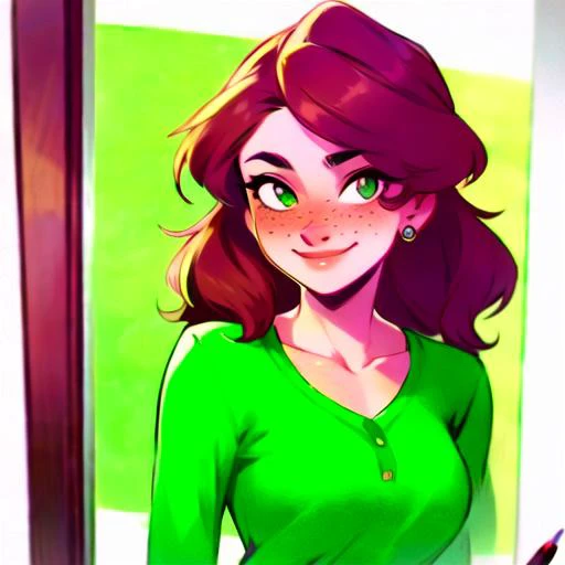 pencil drawing style, illustration of a beautiful woman, Side part hair style, Mahogany hair colour, freckles, 27 years old, Joyful , looking at the viewer, wearing a Green Henley shirt , medium breasts, tight body, Reflection framing, <lora:CuteWebComic:1>,