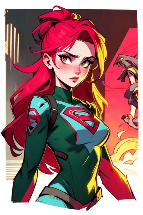 woodcut style, illustration of a beautiful woman, 27 years old, long red hair, ginger, superhero medium breasts, tight body, <lora:CuteWebComic:1>