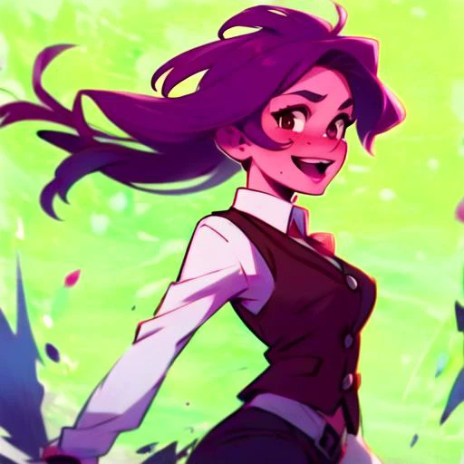 folk art style, beautiful woman, Dreadlocks hair style, Burgundy hair colour, freckles, 27 years old, Gleeful , looking at the viewer, wearing a Maroon Vest , medium breasts, tight body, Motion blur framing, <lora:CuteWebComic:1>,