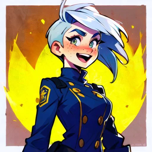 mixed media style, illustration of a beautiful woman, Undercut hair style, Silver hair colour, freckles, 27 years old, Delighted , looking at the viewer, wearing a Gold Peacoat , medium breasts, tight body, Hero shot framing, <lora:CuteWebComic:1>,